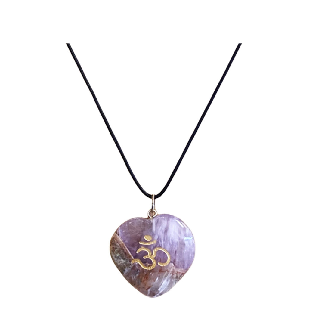 Medium Size Amethyst Crystal Heart with Positive Omni Sign on a black leather rope necklace