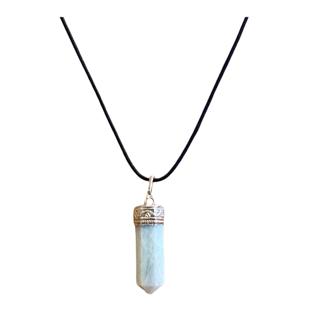 Amazonite Crystal Point with Silver Clasp at top of Crystal and black leather rope chain.