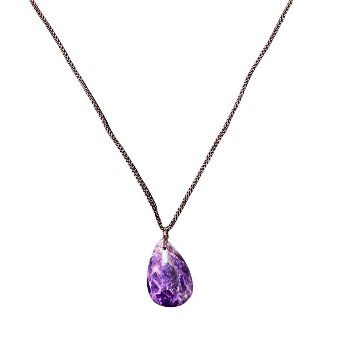 Amethyst Tear Drop pendant on a brown material weave necklace