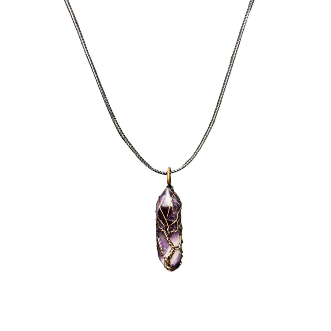 Amethyst Crystal Point wrapped in Copper Tree of Life on Black Rope Necklace